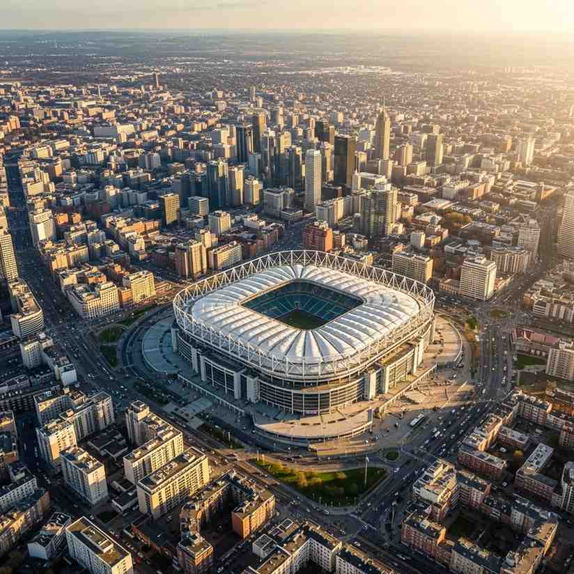 Aerial view of a large city with a prominent football stadium