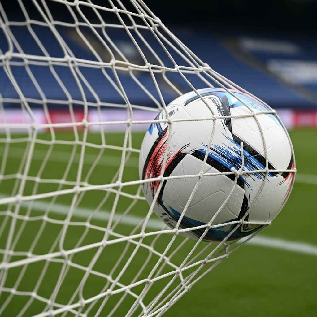 A football resting inside a goal net after a score