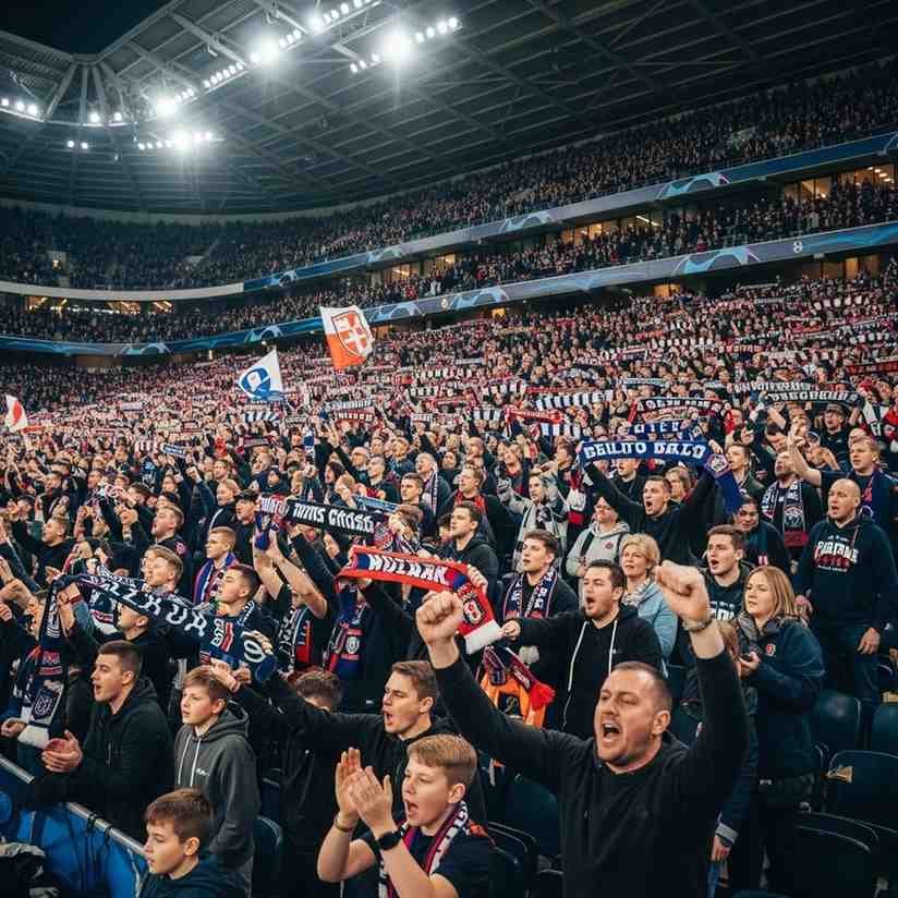 A large crowd of football fans cheering enthusiastically