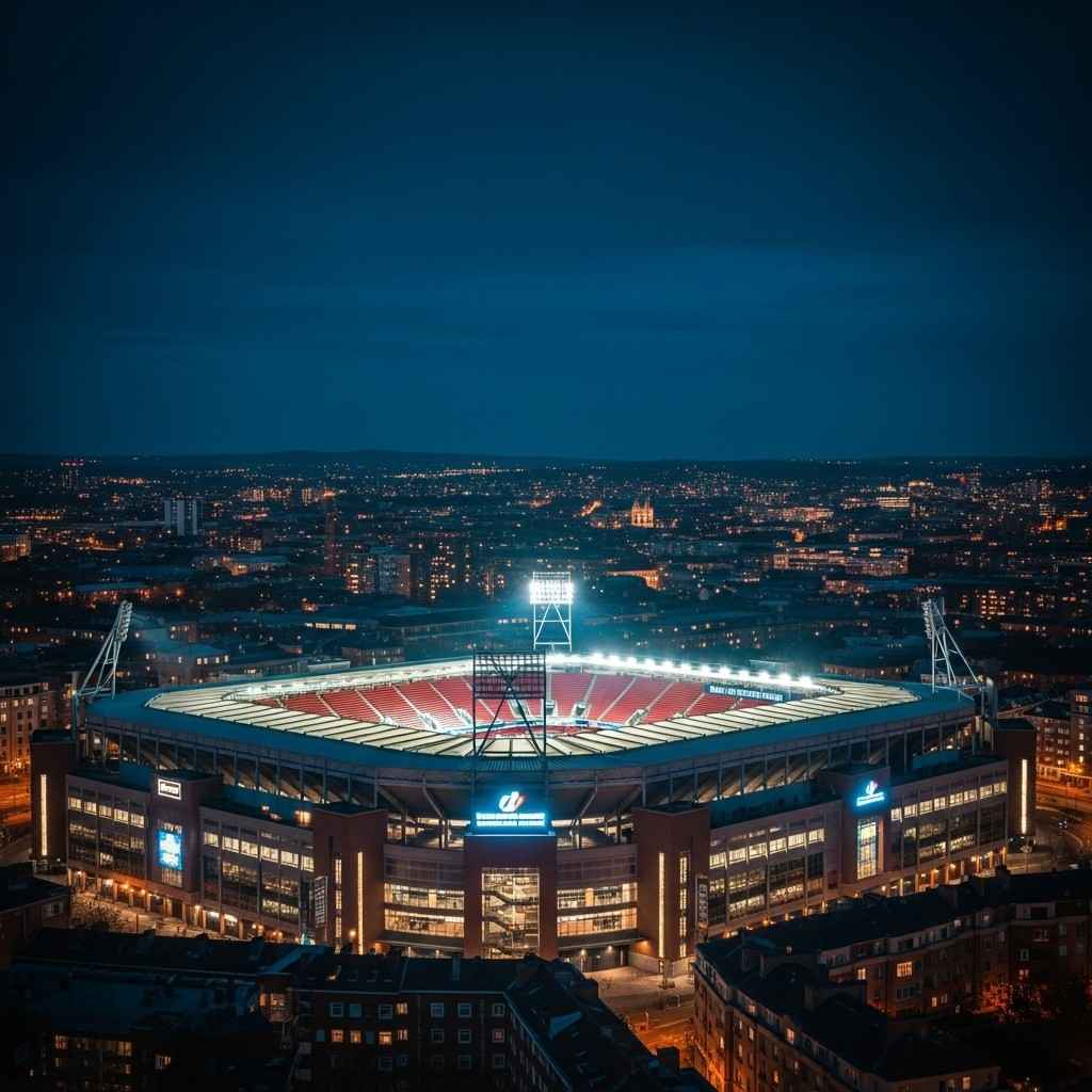 City skyline with a brightly lit football stadium at night