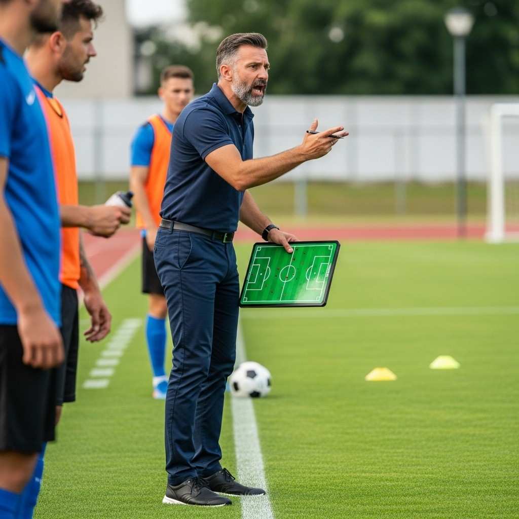 A football coach giving instructions to players