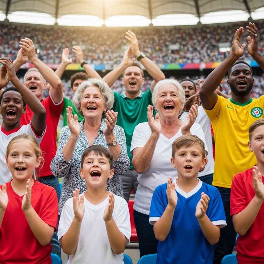 A diverse group of football fans cheering in a stadium