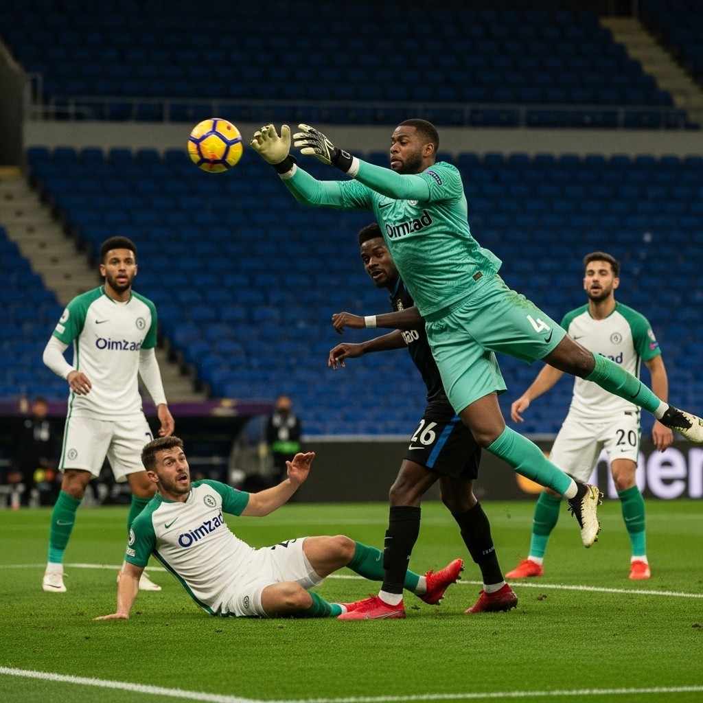 A dramatic and intense moment during a football match