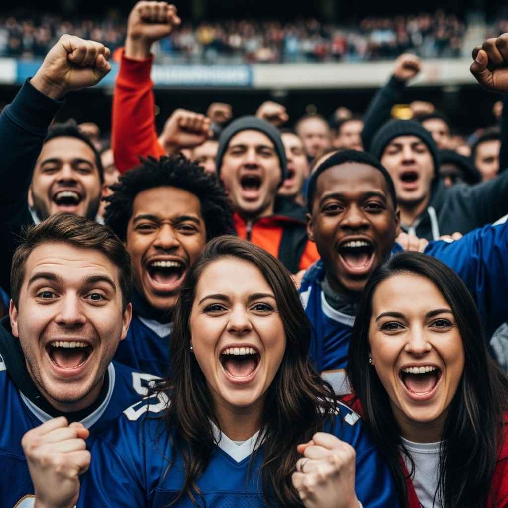 Excited football fans cheering enthusiastically in a stadium