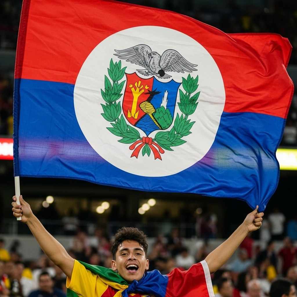 A football fan waving a large national flag
