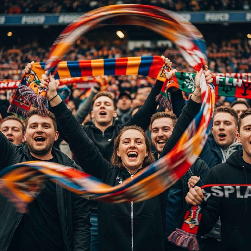 Football fans waving team scarves in the air