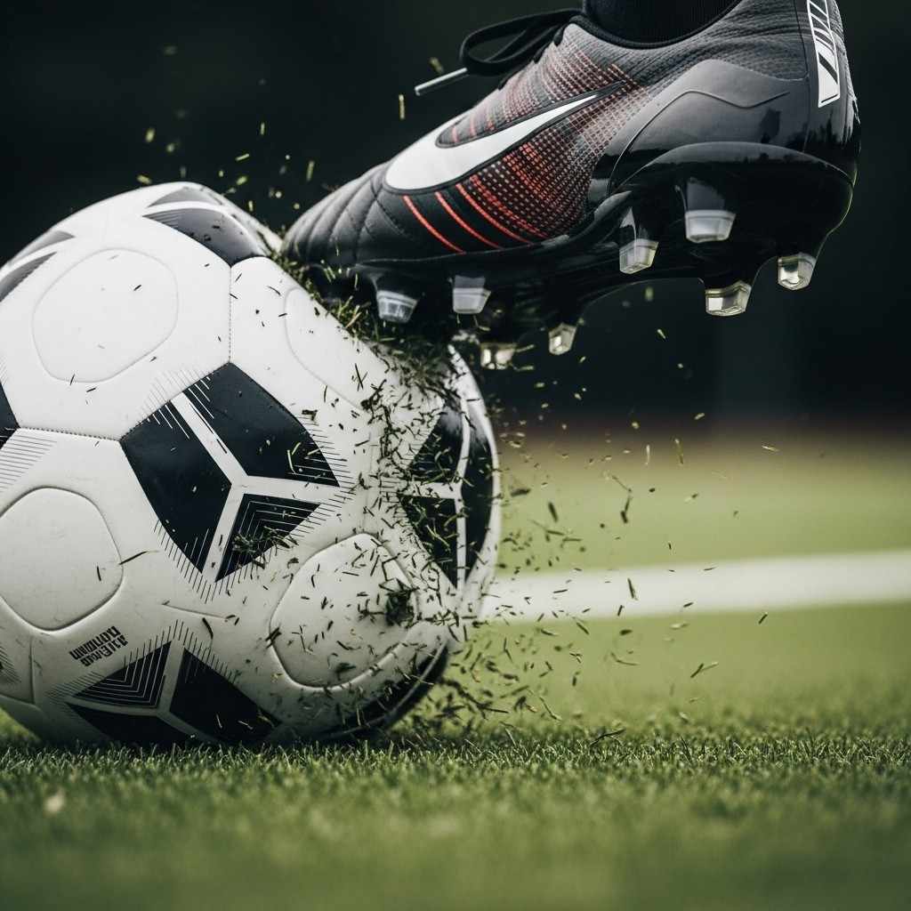 A football boot about to strike a football