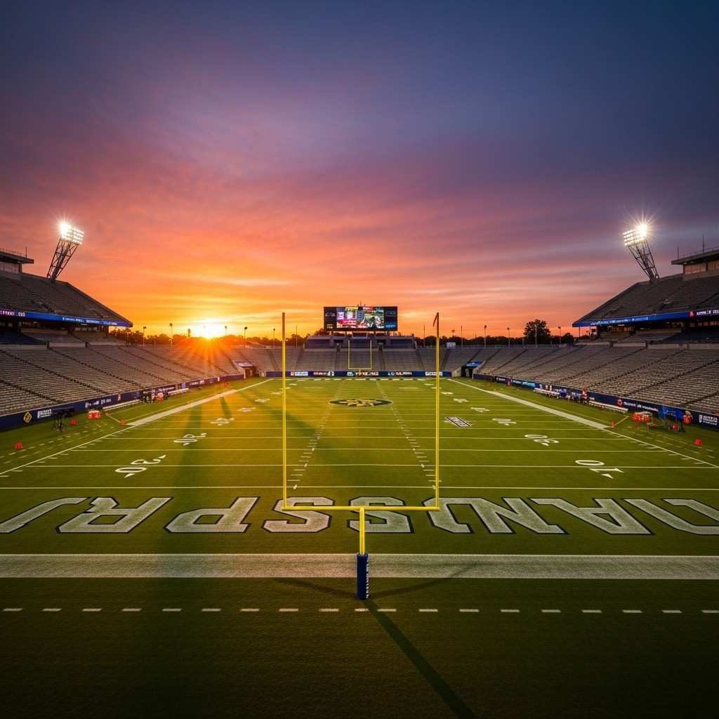 A football pitch during sunset with warm lighting