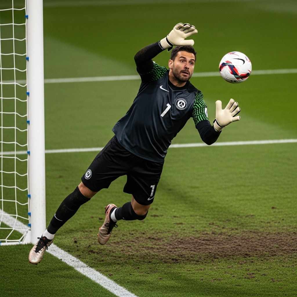 A goalkeeper making a dramatic save during a match