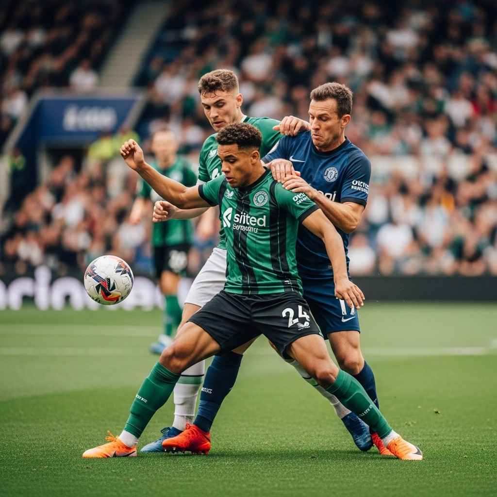 Football match in progress with players battling for the ball