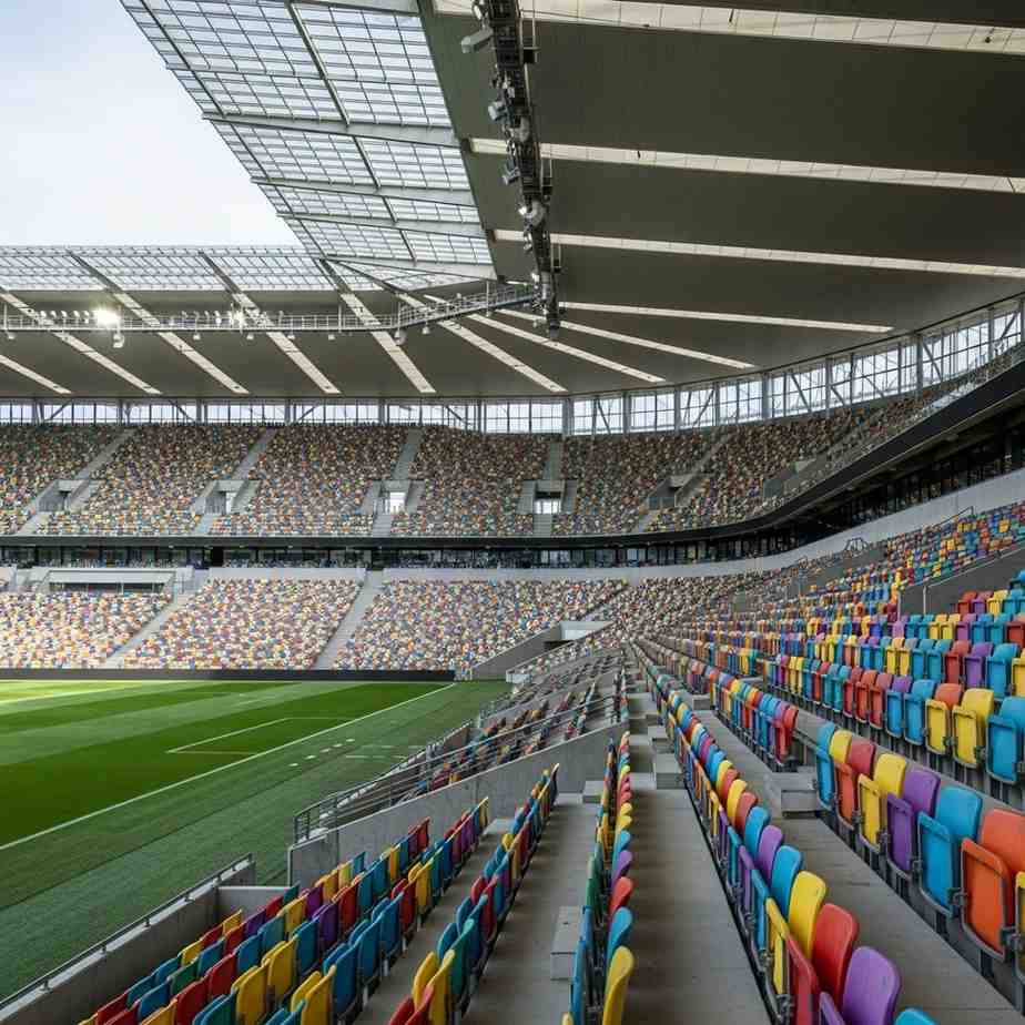Interior view of a modern football stadium with empty seats