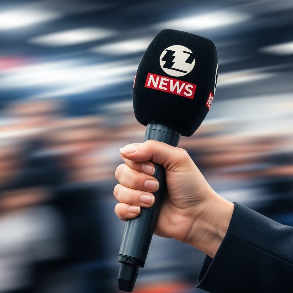 News reporter holding a microphone during a press conference