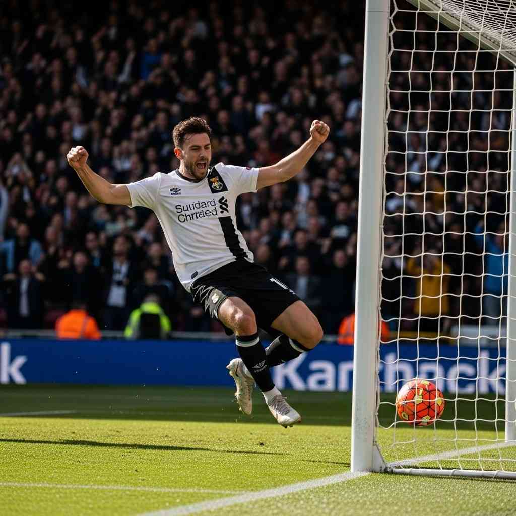 A football player in the act of scoring a goal