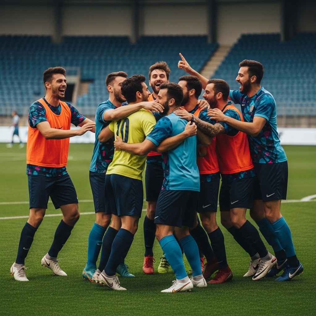 Football players celebrating a goal on the pitch