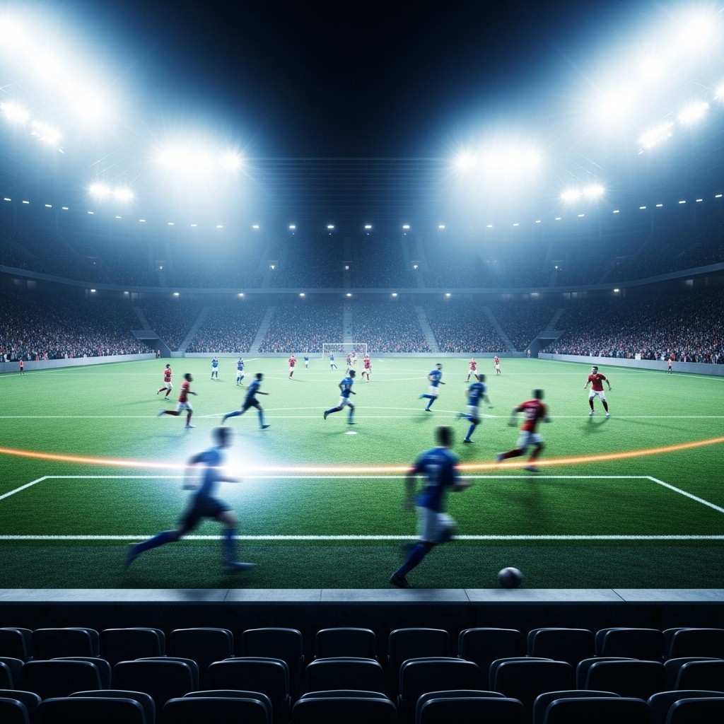 A football match being played under bright stadium floodlights at night