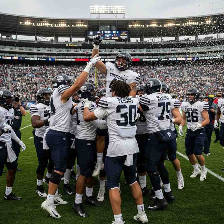 A football team celebrating a hard-fought victory on the pitch