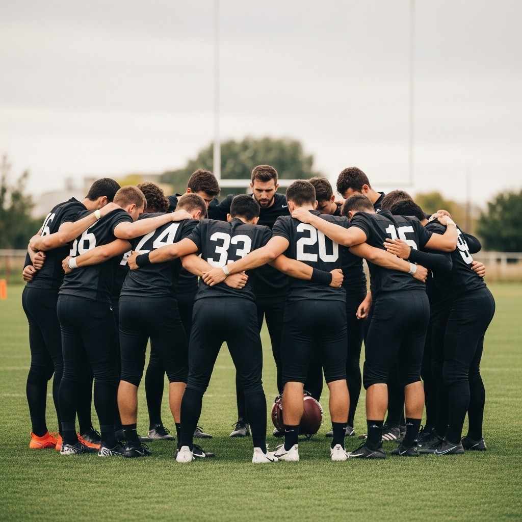A football team in a huddle on the pitch