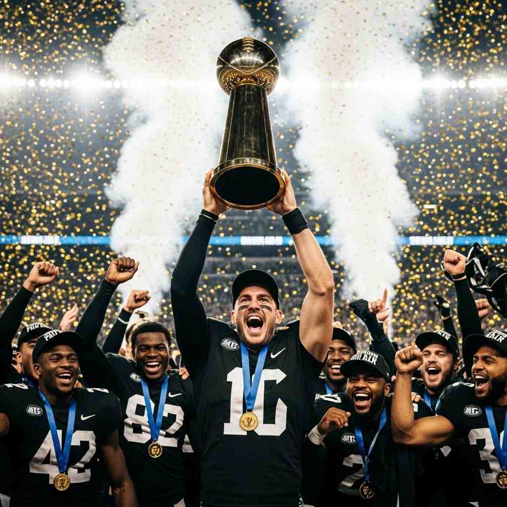 A football team celebrating joyfully while lifting a large trophy
