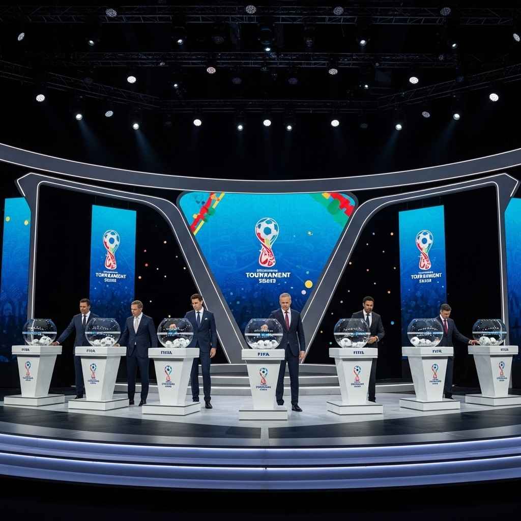 Official football tournament draw ceremony with presenters