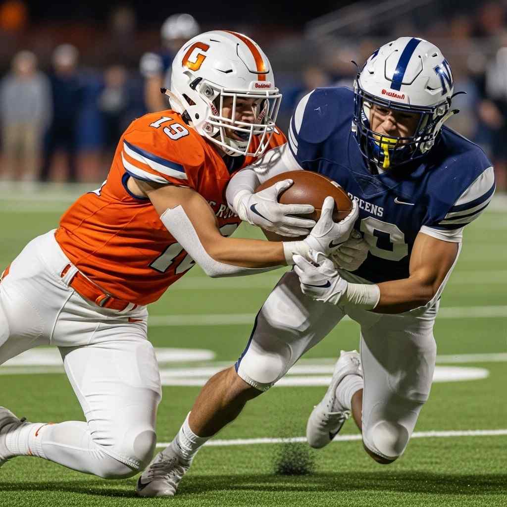 Two football players in a mid-air tackle for the ball